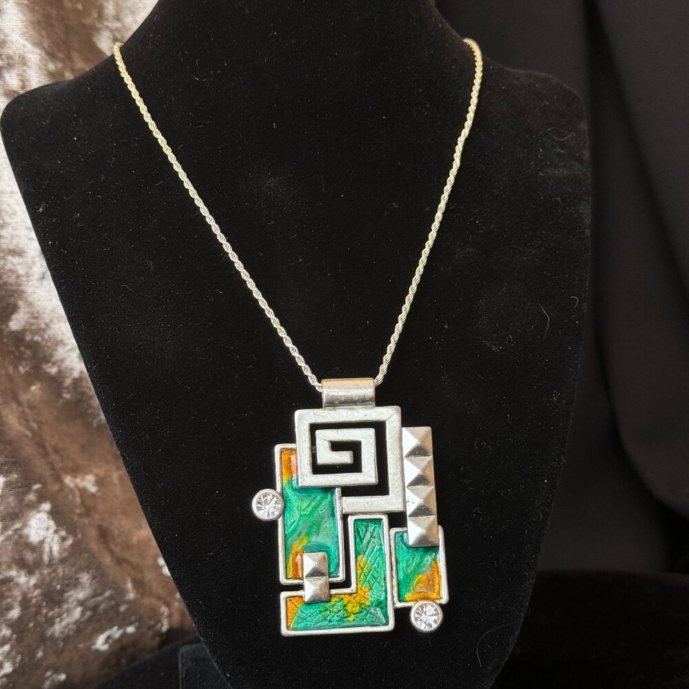 Geometric Pendant Necklace Matte Silver Tone Bright Green Orange Enamel Crystals